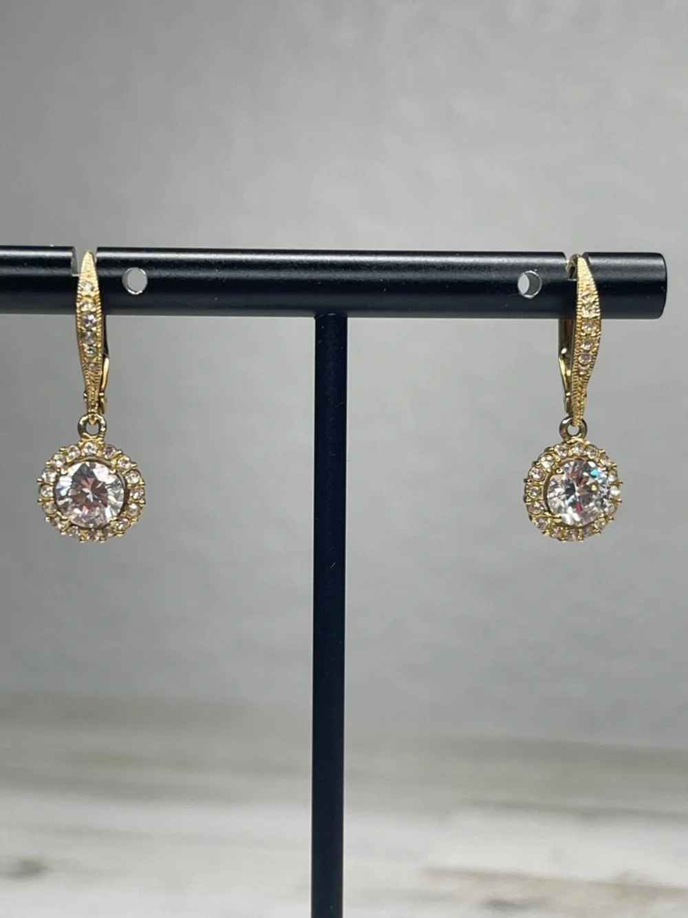 Nadri Framed Round CZ Halo Drop Earrings Gold Leverback